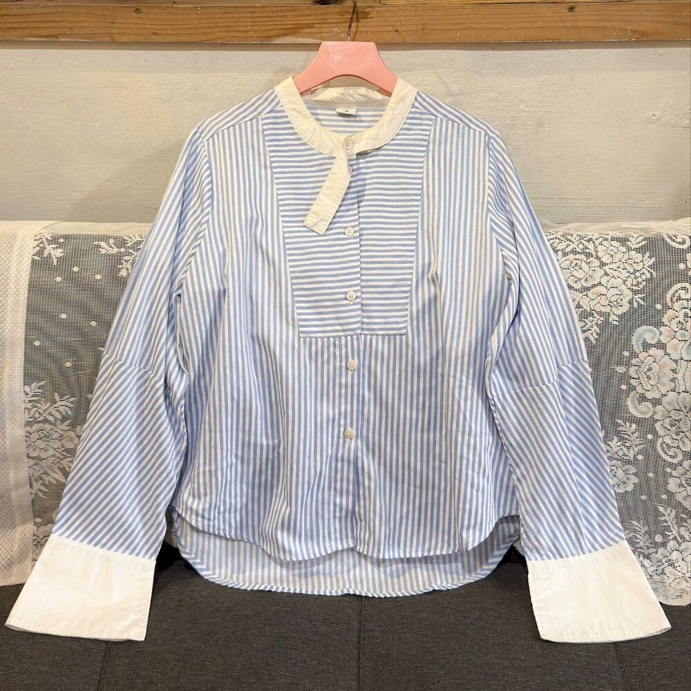 Vintage Blue Stripe Contrast Collar Shirt Oversized Band Collar Cotton Blouse